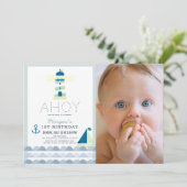 Invitation Ahoy Nautical Blue Boy Photo 1er anniversaire (Debout devant)