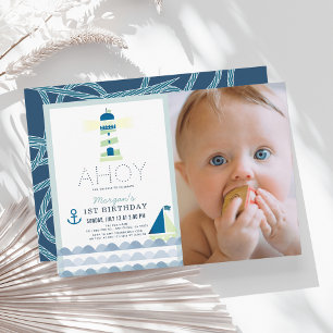 Invitation Ahoy Nautical Blue Boy Photo 1er anniversaire