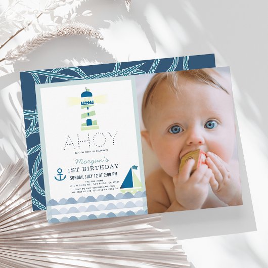 Invitation Ahoy Nautical Blue Boy Photo 1er anniversaire