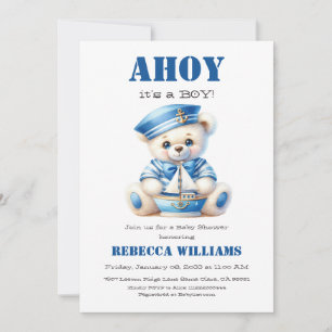 Invitation Ahoy Nautical Blue Sailor Bear Baby shower