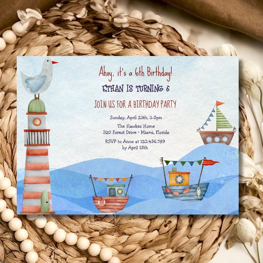 Invitation Ahoy Nautical kids aquarelle anniversaire Invitati