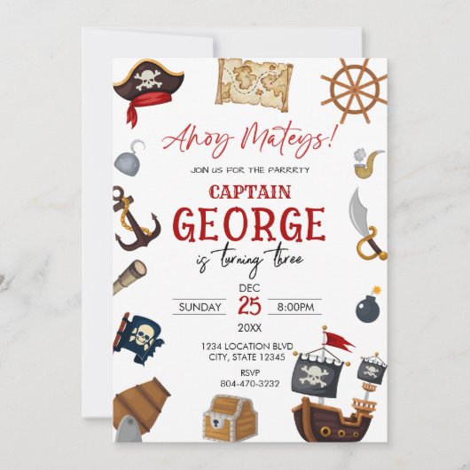 Invitation Ahoy pirate Boy birthday party (Devant)