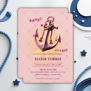 Invitation Ahoy rose moderne ! Ancre Baby shower nautique