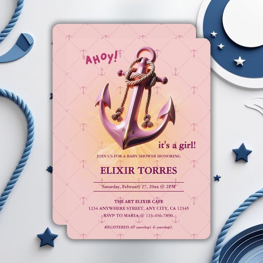 Invitation Ahoy rose moderne ! Ancre Baby shower nautique