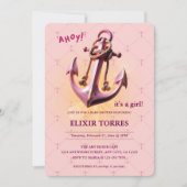 Invitation Ahoy rose moderne ! Ancre Baby shower nautique (Devant)