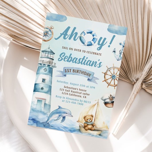 Invitation Ahoy Sailor Nautical Boat Blue 1er anniversaire