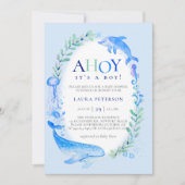 Invitation Ahoy Sea Animals Nautical Blue Boy Baby shower (Devant)