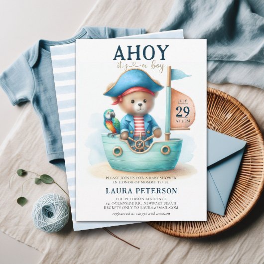 Invitation Ahoy Teddy Bear Pirate Captain Baby shower