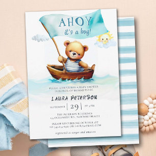 Invitation Ahoy Teddy Bear Waves Boat Cute Boat Baby shower