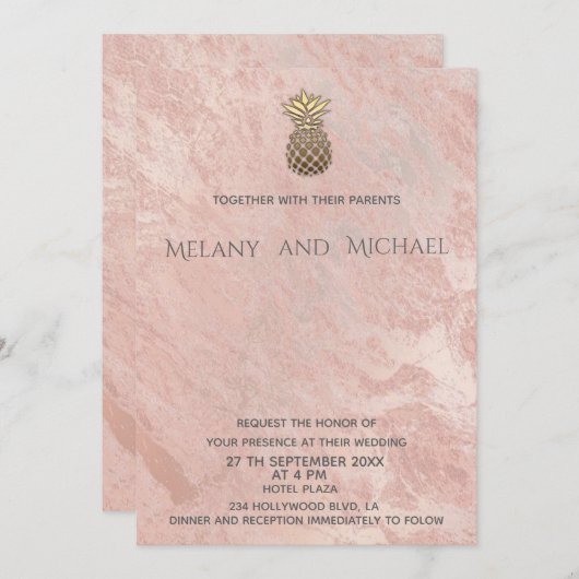 Invitation Aiguille minimaliste en marbre rosegold (Devant / Derrière)