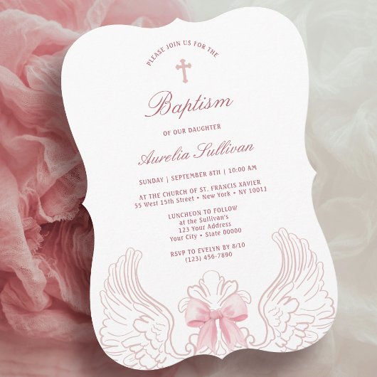 Invitation Ailes d'ange délicates Baptême rose rose