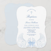 Invitation Ailes d'ange délicates Bleu Baptême Ruban (Devant / Derrière)