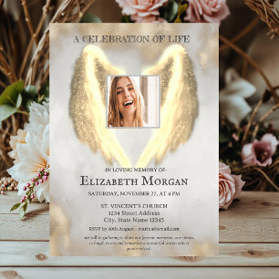 Invitation Ailes d'ange en or Photo Célébration de la vie en 