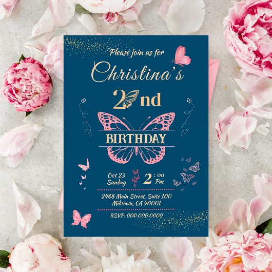 Invitation Ailes papillon 2e anniversaire bleu couleur invita