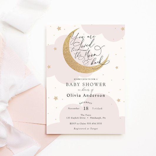 Invitation Aimé à la lune et le Baby shower rose du dos