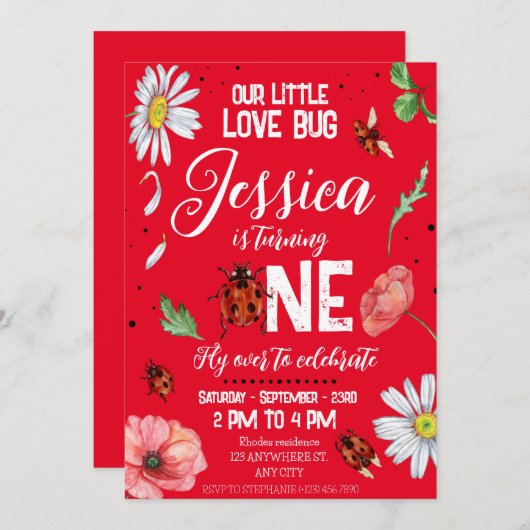 Invitation Aimer bug Watercolor mignonne Anniversaire fille (Devant / Derrière)