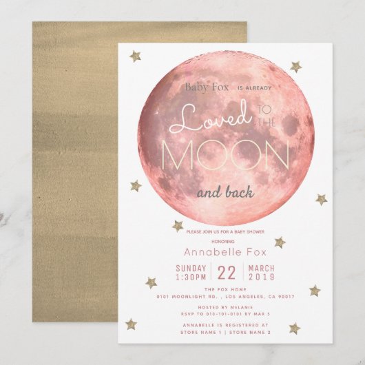Invitation Aimez-vous au Baby shower d'or rose lune (Devant / Derrière)