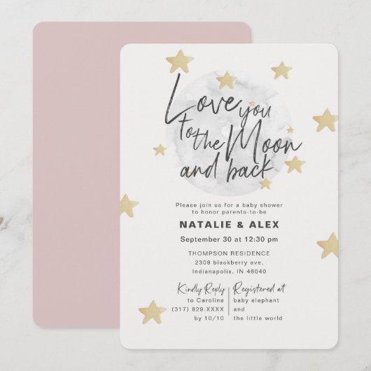 Invitation Aimez-vous Lune & Retour Fille Baby shower Invitat (Devant / Derrière)