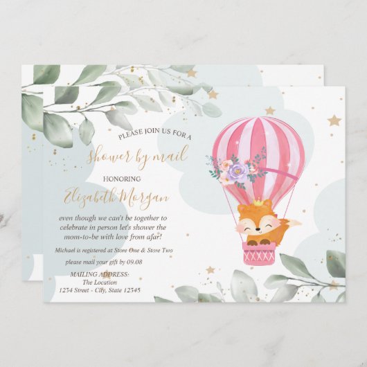 Invitation Air Balloon, Fox, Nuages Baby shower par la poste (Devant / Derrière)