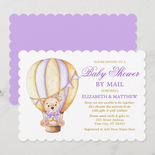 Invitation Air Bear Purple Gold Baby shower par courrier (Devant / Derrière)