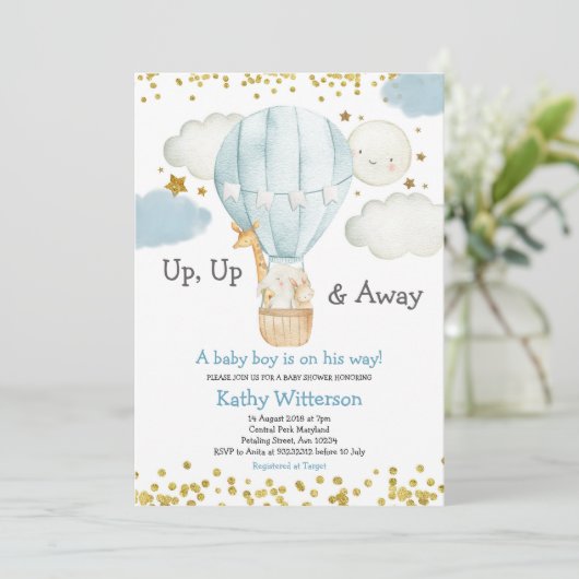 Invitation Air chaud Balloon animaux de la jungle Baby shower (Debout devant)