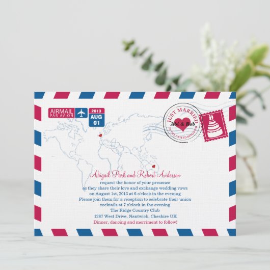 Invitation Airmail Heart UK et Austraila Mariage (Debout devant)