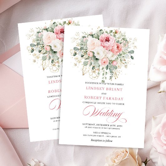Invitation Airy Blush Roses Greenery Gold Wedding Invite