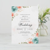 Invitation Airy Coral Turquoise Floral Arch Mariage (Debout devant)