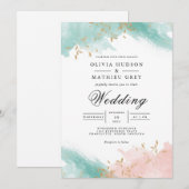 Invitation Airy Turquoise Coral Flourish Mariage (Devant / Derrière)