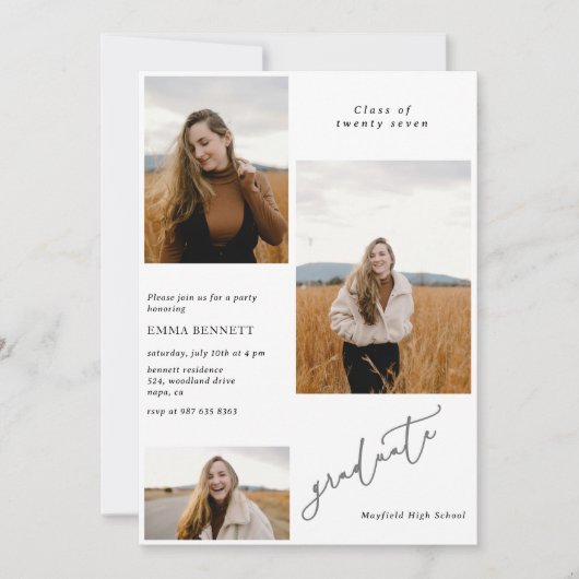 Invitation Ajouter 3 Photo Modern Script Graduation Invitatio (Devant)