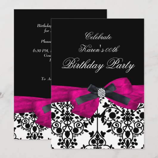 Invitation Ajouter Âge Fête d'anniversaire Rose Damassé Noir  (Devant / Derrière)