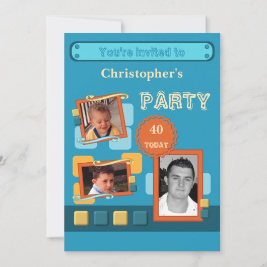 Invitation Ajouter des photos pour hommes tout âge bleu 40ème (Devant)