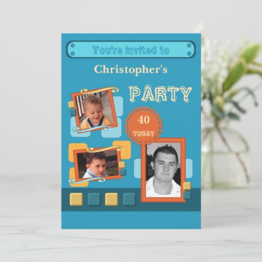 Invitation Ajouter des photos pour hommes tout âge bleu 40ème (Debout devant)