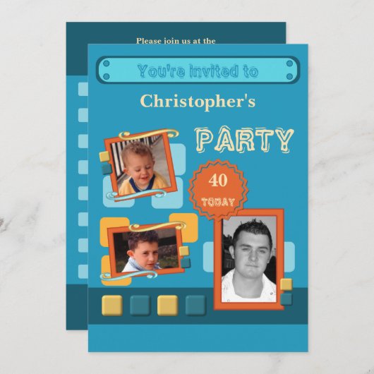 Invitation Ajouter des photos pour hommes tout âge bleu 40ème (Devant / Derrière)