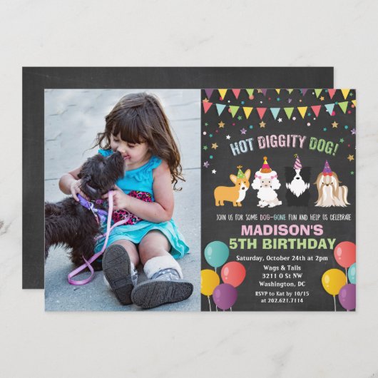 Invitation AJOUTER LA PHOTO - Chien Chiot Anniversaire Chalk  (Devant / Derrière)