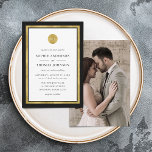 Invitation Ajouter Photo Couleur personnalisée Gold Round Mon<br><div class="desc">Ce monogramme classique moderne comporte une bordure en feuille d'or et un cercle sur l'avant et un côté arrière où vous pouvez ajouter votre photo. Cette invitation a également une couleur arrière - plan modifiable ; pour la changer du noir à la couleur de votre choix, cliquez sur le bouton...</div>