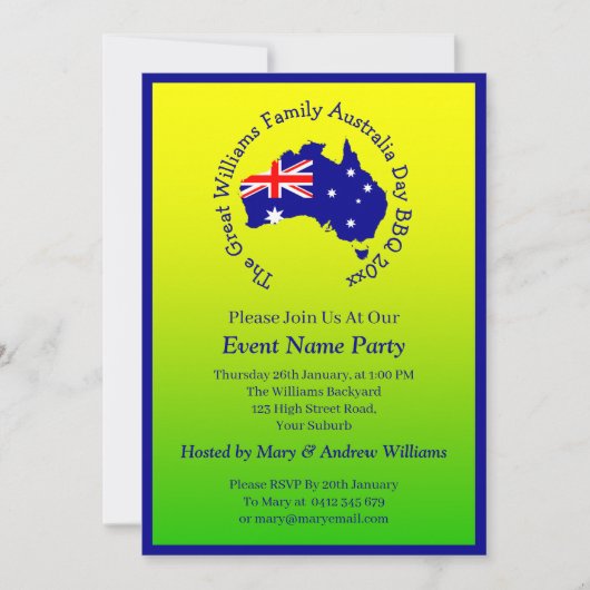 Invitation Ajouter un nom Année Date Australia Day Party Gree (Devant)