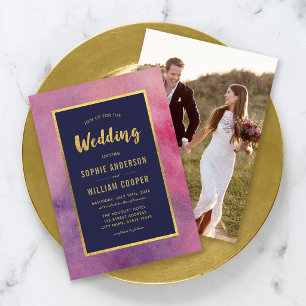 Invitation Ajouter une photo mariage aquarelle rose violet et