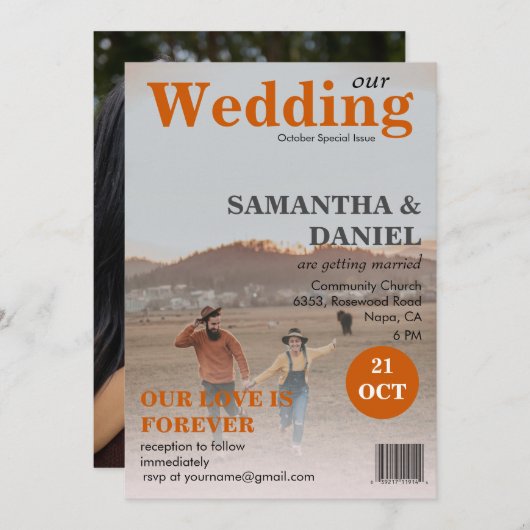 Invitation Ajouter Votre 2 Magazine Photo Burnt Orange Mariag (Devant / Derrière)