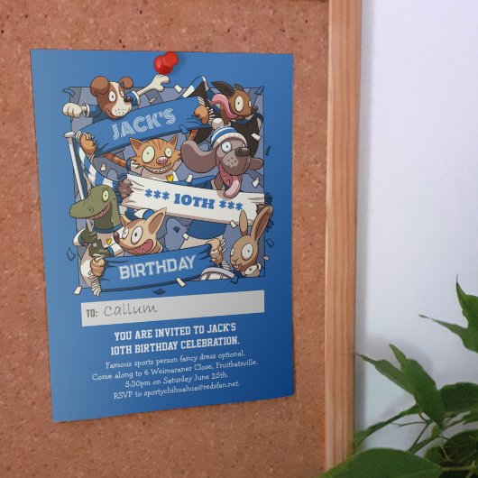 Invitation Ajouter Votre Nom Anniversaire Animaux Fans Bleu &