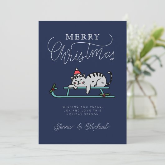 Invitation AJOUTER VOTRE PHOTO | Joyeux Chat à traîneau d'hiv (Debout devant)