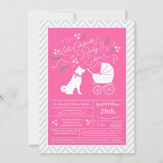Invitation Akita Chien Baby shower fille rose (Devant)
