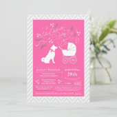Invitation Akita Chien Baby shower fille rose (Debout devant)