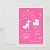 Invitation Akita Chien Baby shower fille rose (Devant / Derrière)