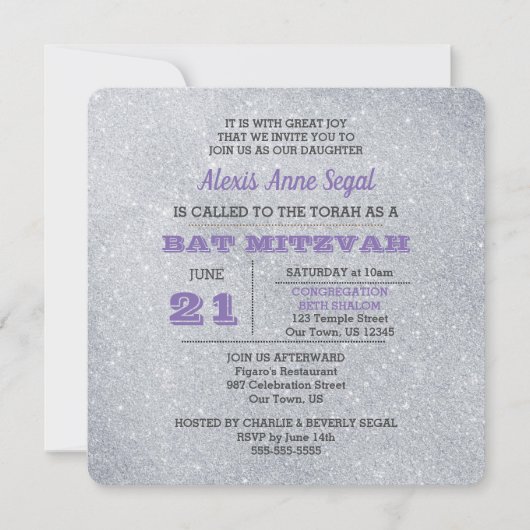 Invitation Alexandrite et Silver Parties scintillant Bat mitz (Devant)
