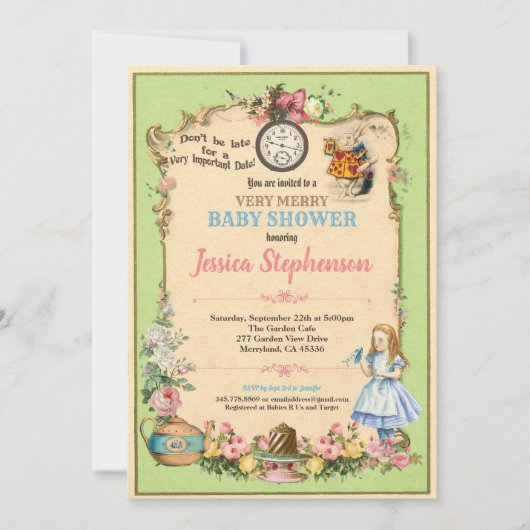 Invitation Alice au pays des merveilles baby shower invitatio (Devant)