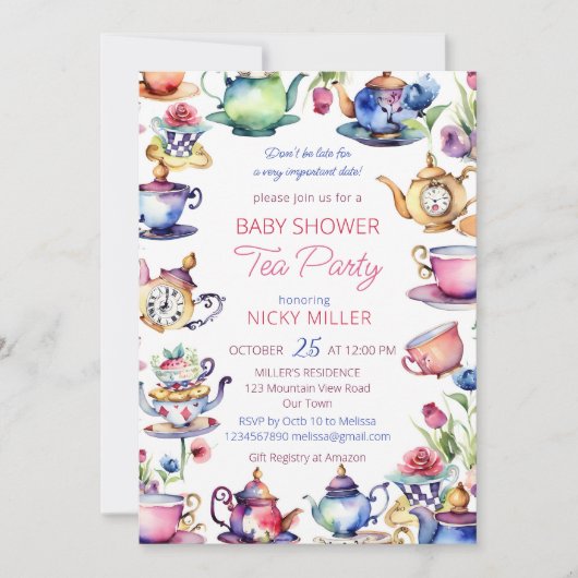 Invitation Alice au pays des merveilles baby shower tea party (Devant)