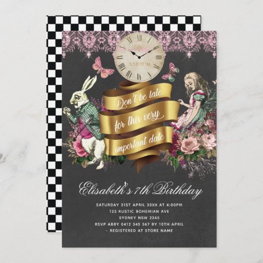 Invitation Alice au pays des merveilles Chalkboard Anniversai (Devant / Derrière)