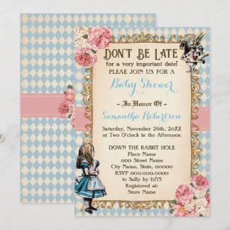 Invitation Alice au pays des merveilles Fleurs roses Baby Sho