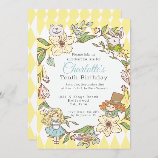 Invitation Alice au pays des merveilles Parti personnalisé (Devant / Derrière)